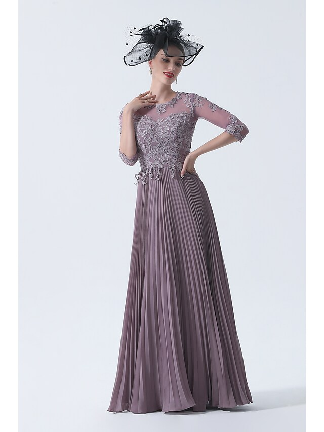 Luolandi A-Line Mother of the Bride Dress Plus Size Elegant See Through Bateau Neck Chiffon Lace Half Sleeve with Appliques