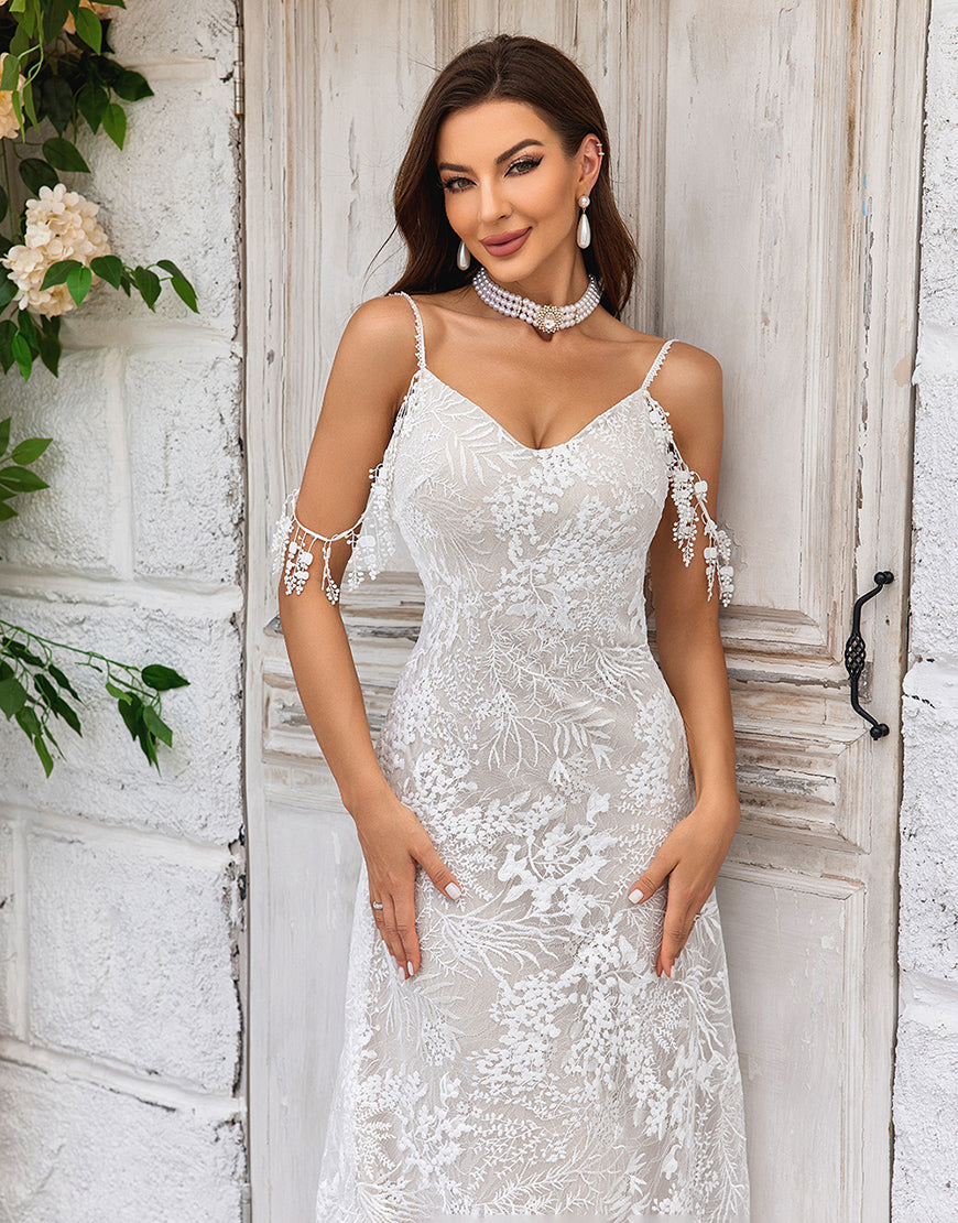 Luolandi Mermaid Spaghetti Straps Ivory Wedding Dress with Fringes Lace Open Back