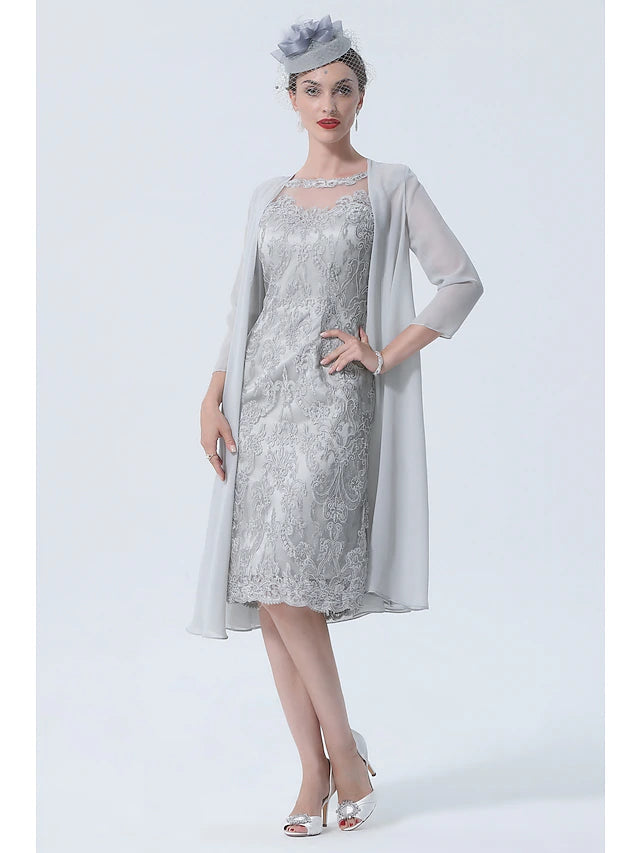 Luolandi Two Piece Mother of the Bride Dress Church Vintage Plus Size Sexy Jewel Neck Tea Length Chiffon 3/4 Length Sleeve