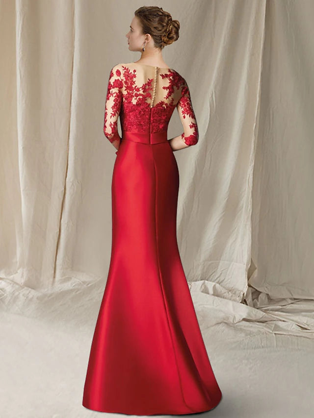 Luolandi Mermaid / Trumpet Mother of the Bride Dress Plus Size Elegant Jewel Neck Floor Length Satin Lace Half Sleeve with Bow(s)