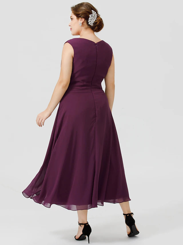 Luolandi A-Line Mother of the Bride Dress Formal Classic & Timeless Elegant & Luxurious Plus Size Scoop Neck Tea Length Chiffon Floral Lace Sleeveless yes with Sash / Ribbon