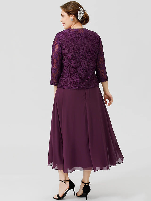 Luolandi A-Line Mother of the Bride Dress Formal Classic & Timeless Elegant & Luxurious Plus Size Scoop Neck Tea Length Chiffon Floral Lace Sleeveless yes with Sash / Ribbon