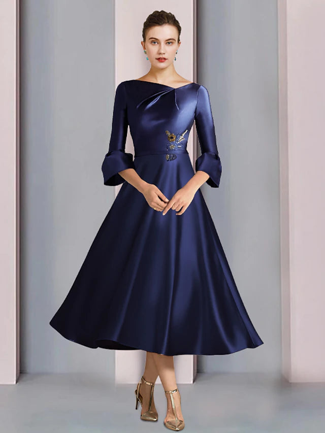 Luolandi A-Line Mother of the Bride Dress Formal Wedding Guest Elegant Bateau Neck Tea Length Satin 3/4 Length Sleeve with Beading