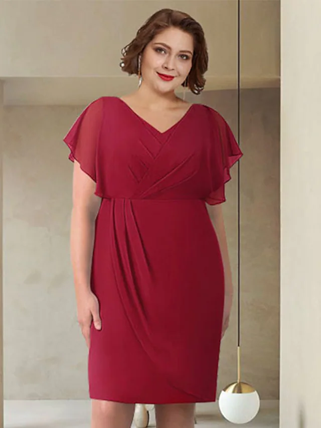 Luolandi Mother of the Bride Dress Elegant V Neck Knee Length Chiffon Short Sleeve with Ruching Burgundy