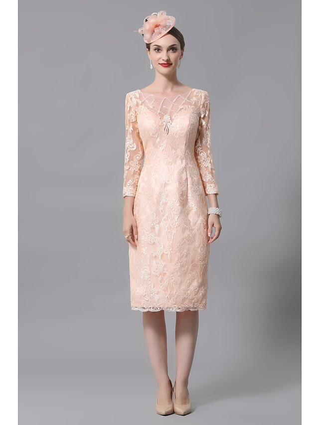 Luolandi Mother of the Bride Dress Plus Size Sexy See Through Bateau Neck Knee Length Lace 3/4 Length Sleeve with Appliques Peach