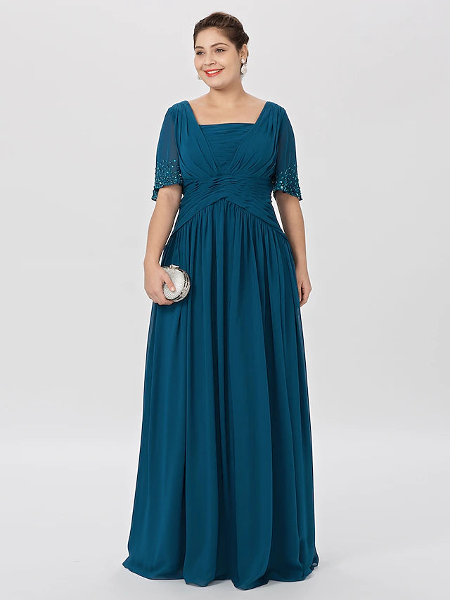 Luolandi Ball Gown A-Line Mother of the Bride Dress Formal Classic & Timeless Elegant & Luxurious Plus Size Square Neck Floor Length Chiffon Short Sleeve No with Pleats