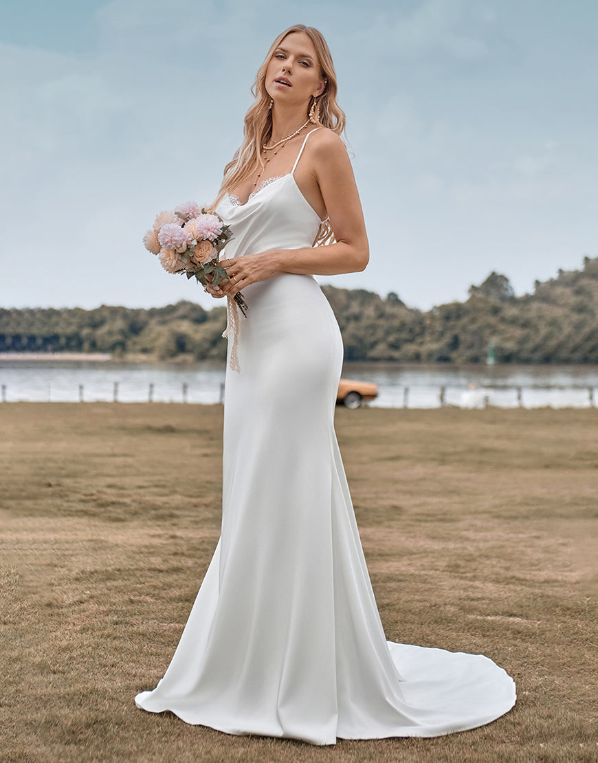 Luolandi Simple Spaghetti Straps Bridal Dress with Criss Cross Back Pure Color Wedding Dresses