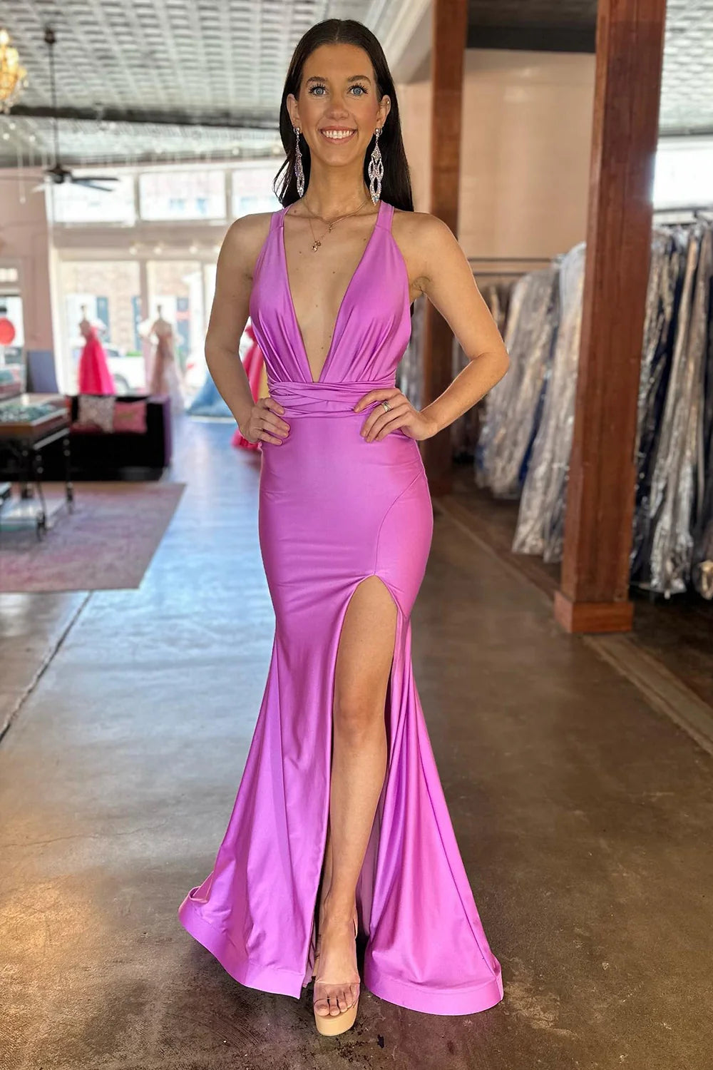 Luolandi Mermaid V-Neck Floor-Length Prom Dress With Slit Formal Dress Sexy Evening Party Dress