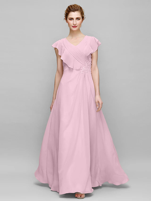Luolandi Sheath / Column Mother of the Bride Dress Plus Size Elegant V Neck Floor Length Chiffon Sleeveless with Appliques