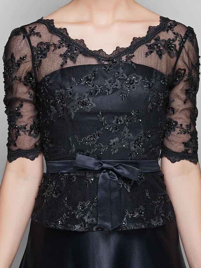 Luolandi A-Line Mother of the Bride Dress See Through V Neck Floor Length Lace Satin Half Sleeve with Lace Bow(s) Beading Black