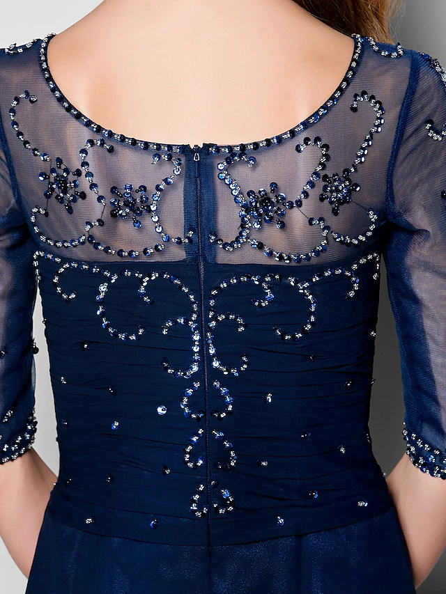 Luolandi A-Line Mother of the Bride Dress See Through Jewel Neck Chiffon Tulle Half Sleeve with Ruched Crystals Beading Dark Navy