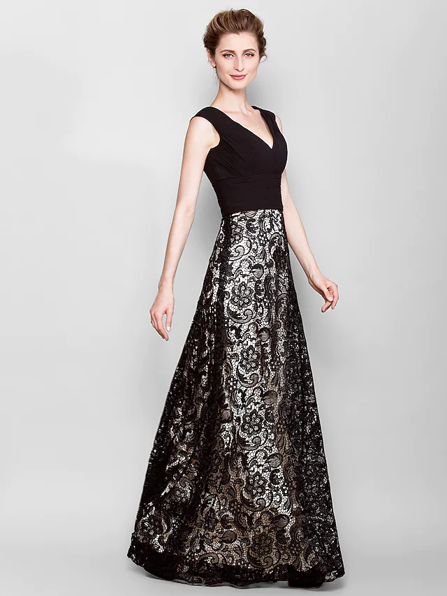Luolandi Mother of the Bride Dress Vintage Inspired V Neck Floor Length Lace Georgette Sleeveless with Criss Cross Black