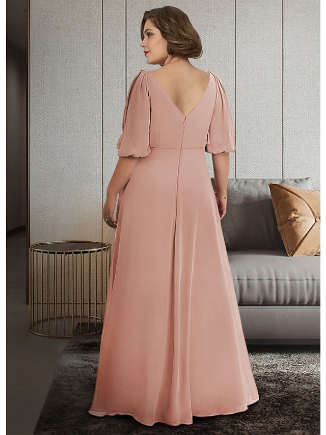 Luolandi A-Line Mother of the Bride Dress Plus Size Elegant V Neck Ankle Length Chiffon Half Sleeve with Ruching Pure Color