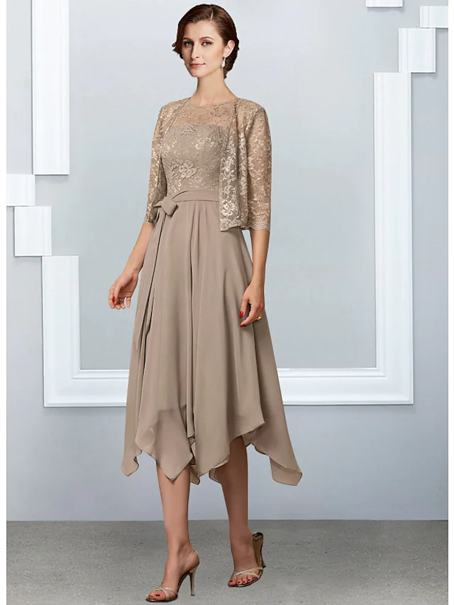 Luolandi A-Line Mother of the Bride Dress Elegant Jewel Neck Tea Length Chiffon Lace Half Sleeve with Pleats Khaki