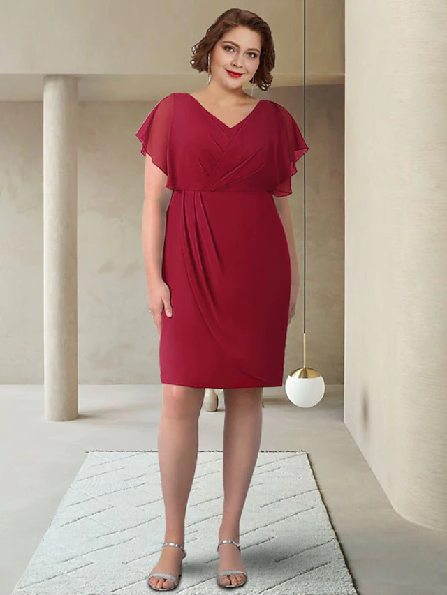 Luolandi Mother of the Bride Dress Elegant V Neck Knee Length Chiffon Short Sleeve with Ruching Burgundy