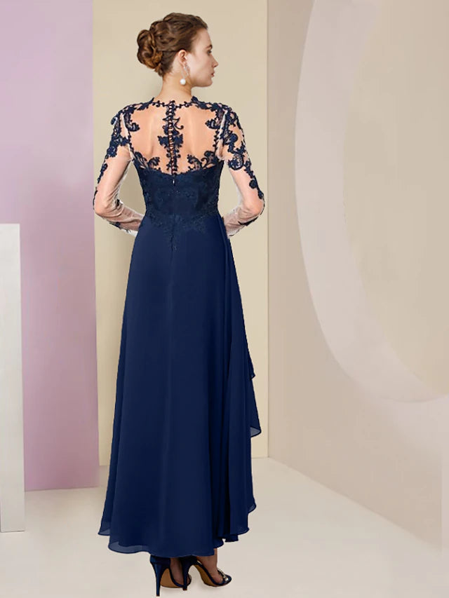 Luolandi A-Line Mother of the Bride Dress Formal Wedding Guest Elegant High Low Scoop Neck Asymmetrical Tea Length Chiffon Lace 3/4 Length Sleeve with Appliques