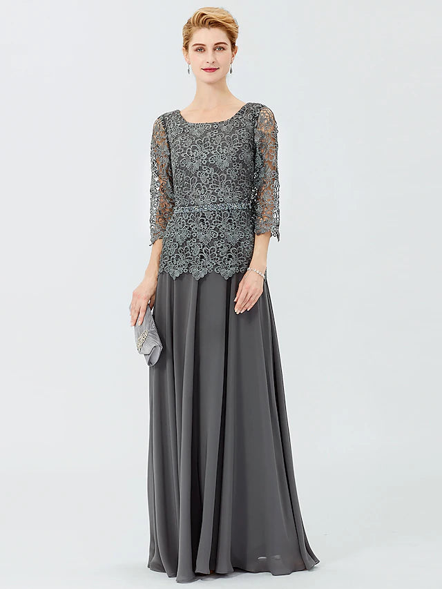 Luolandi Ball Gown A-Line Mother of the Bride Dress Formal Classic & Timeless Elegant & Luxurious Elegant Scoop Neck Floor Length Chiffon Corded Lace 3/4 Length Sleeve with Beading