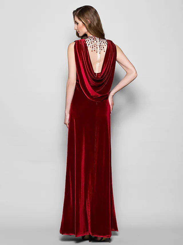 Luolandi Mother of the Bride Dress Cowl Neck Floor Length Velvet Sleeveless with Crystals Beading Burgundy