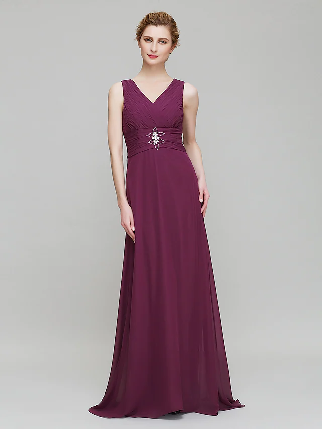 Luolandi Mother of the Bride Dress V Neck Floor Length Chiffon 3/4 Length Sleeve with Criss Cross Crystals Grape