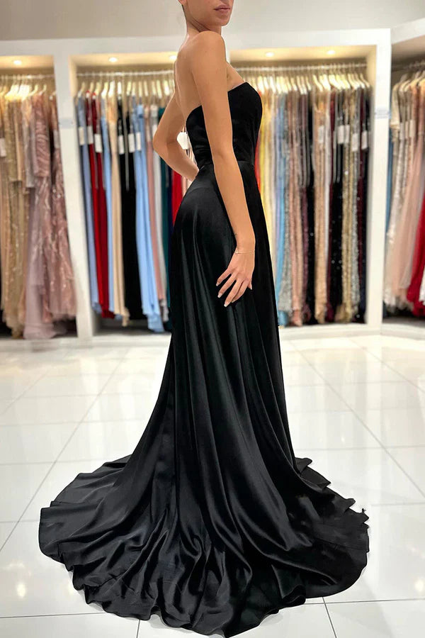 Luolandi Aline Sweetheart pleated side slit black long formal evening dress Off Shoulder Sexy