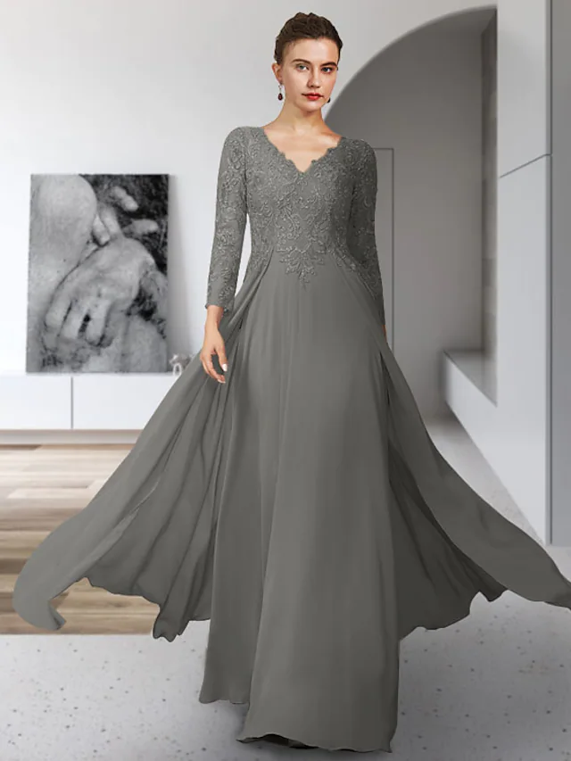 Luolandi Mother of the Bride Dress Elegant V Neck Floor Length Chiffon Lace 3/4 Length Sleeve with Pleats Appliques Beautiful