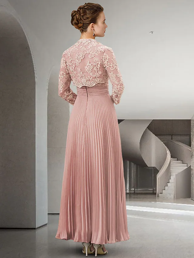 Luolandi Two Piece A-Line Mother of the Bride Dress Elegant Sweetheart Neckline Floor Length Chiffon Lace Long Sleeve with Appliques Dusty Rose