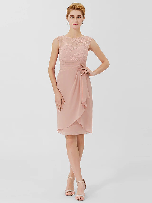 Luolandi Sheath / Column Mother of the Bride Dress Formal Classic & Timeless Elegant & Luxurious Convertible Dress Jewel Neck Knee Length Chiffon Sheer Lace 3/4 Length Sleeve with Sash