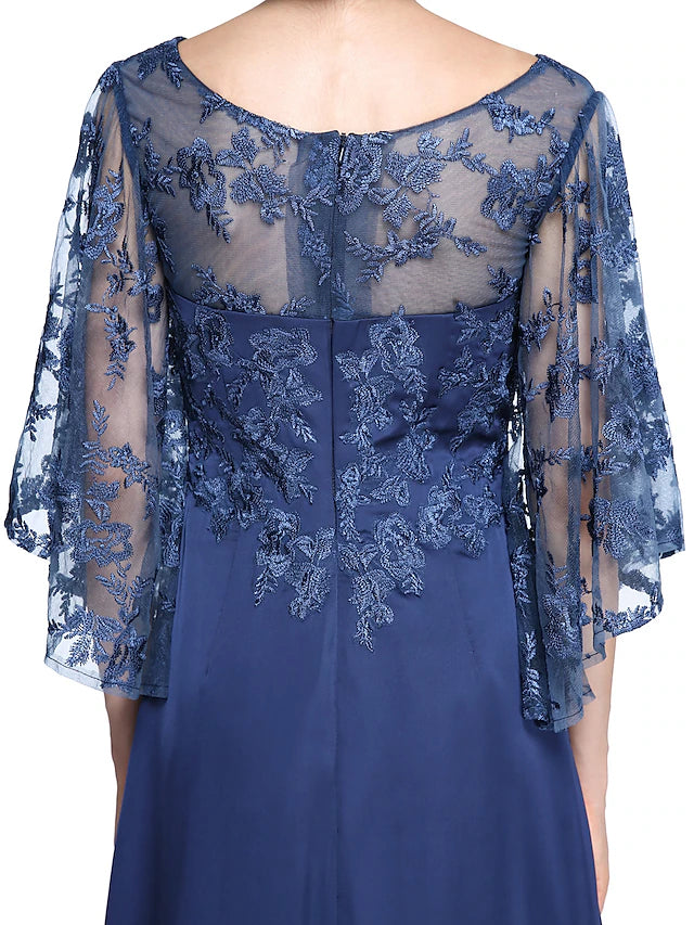 Luolandi Sheath / Column Mother of the Bride Dress Elegant See Through Bateau Neck Ankle Length Chiffon Lace Half Sleeve