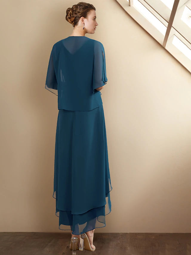 Luolandi A-Line Mother of the Bride Dress Elegant High Low V Neck Asymmetrical Tea Length Chiffon Sleeveless Wrap Included with Beading Cascading Ruffles