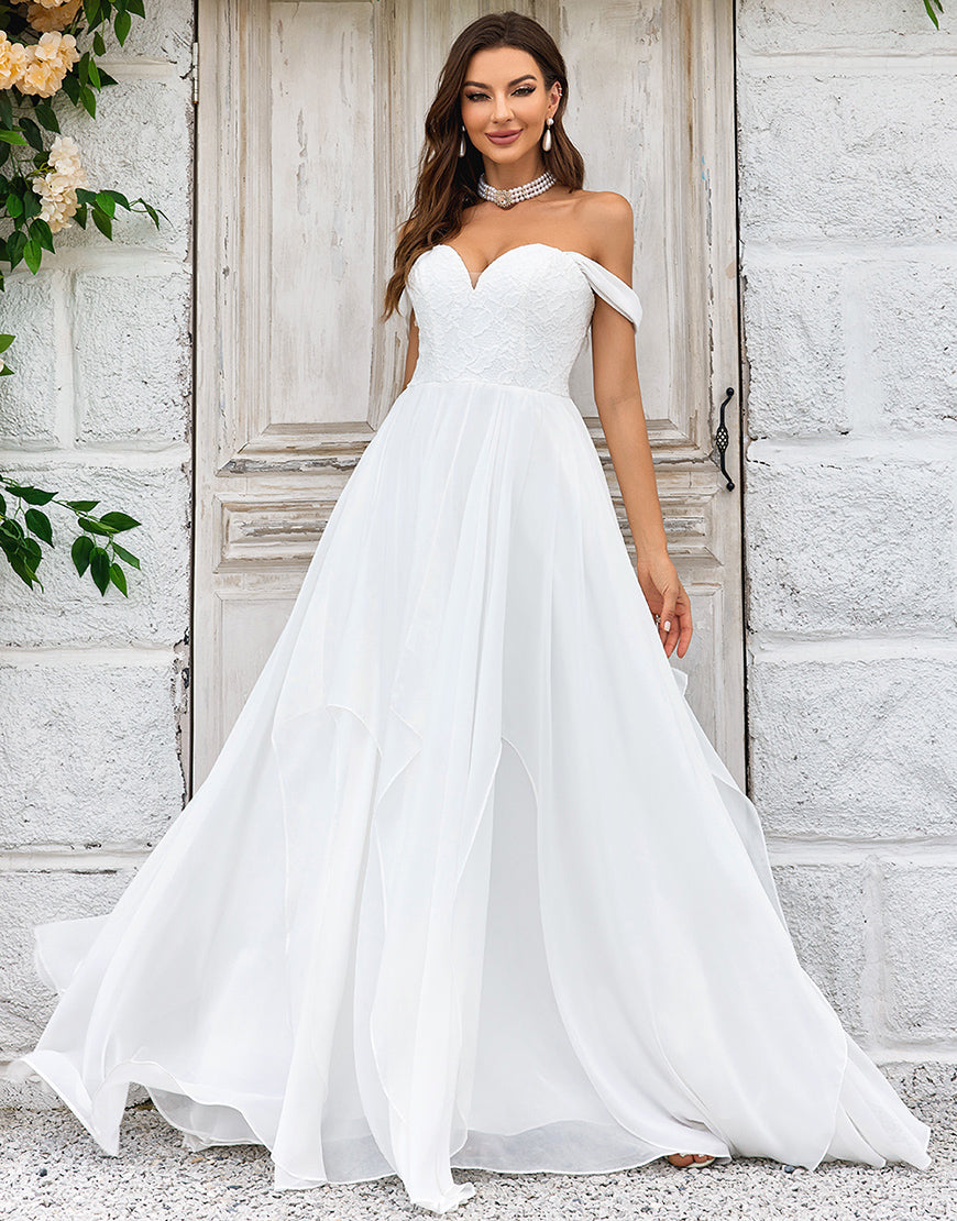 Luolandi Elegant A Line Off the Shoulder Ivory Chiffon Wedding Dress with Lace Sexy