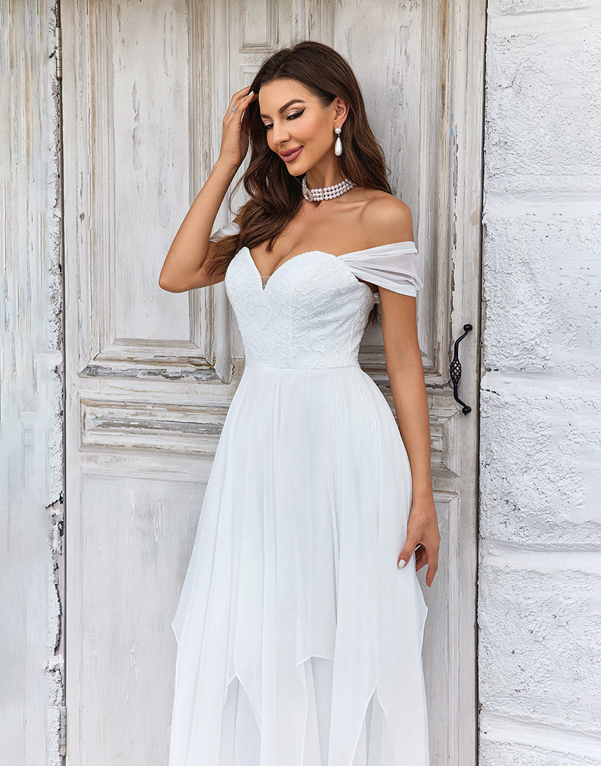 Luolandi Elegant A Line Off the Shoulder Ivory Chiffon Wedding Dress with Lace Sexy