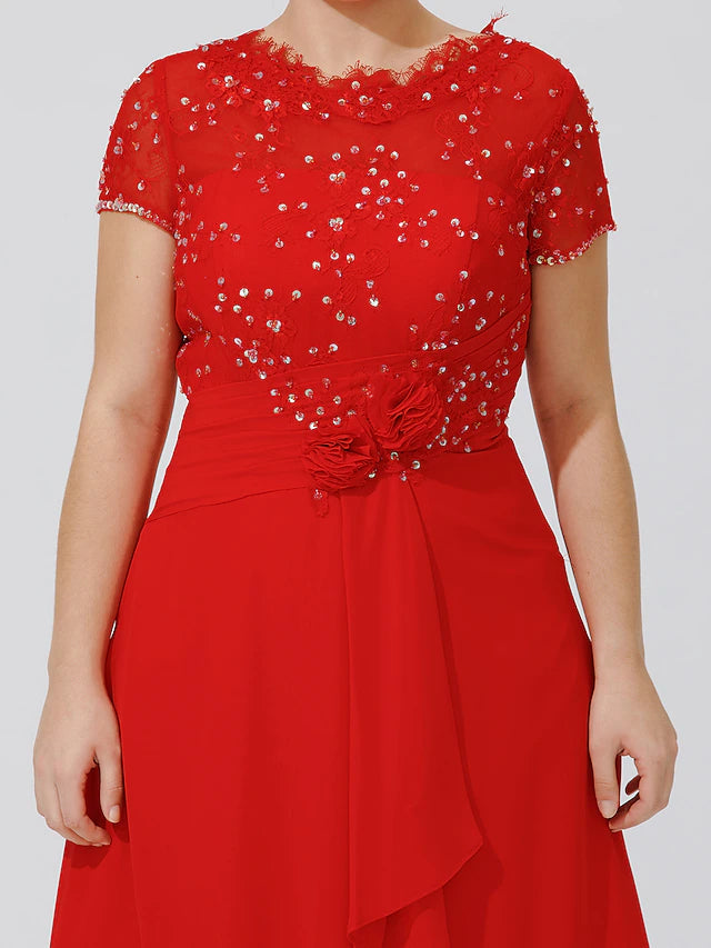 Luolandi A-Line Mother of the Bride Dress Elegant & Luxurious Beautiful Back Plus Size Jewel Neck Knee Length Chiffon Beaded Lace Short Sleeve No with Pleats Beading