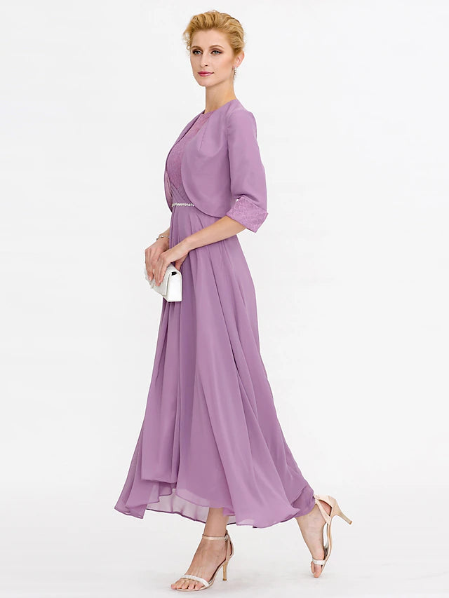 Luolandi Two Piece Ball Gown A-Line Mother of the Bride Dress Formal Church Convertible Dress High Low See Through Illusion Neck Asymmetrical Chiffon Lace 3/4 Length Sleeve