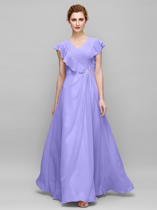 Luolandi Sheath / Column Mother of the Bride Dress Plus Size Elegant V Neck Floor Length Chiffon Sleeveless with Appliques