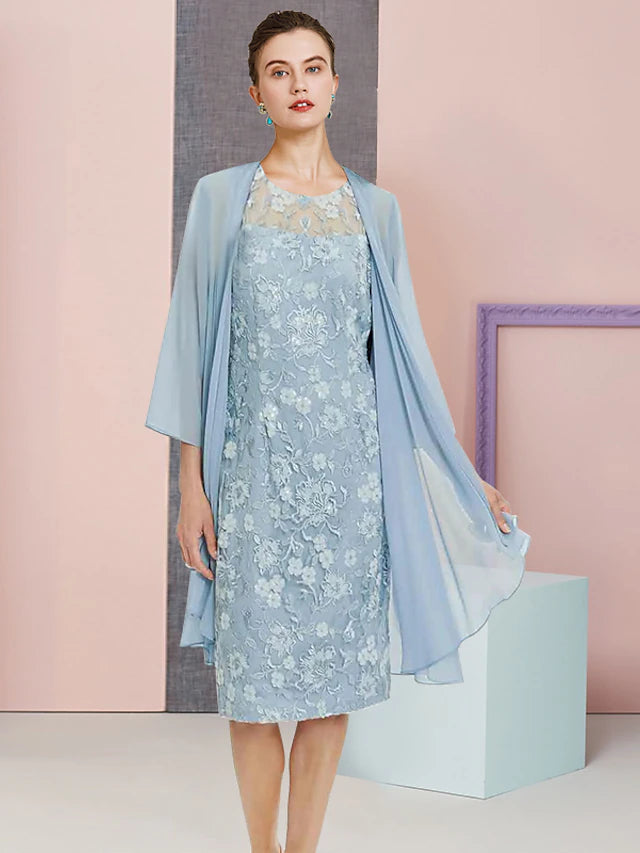 Luolandi Two Piece Sheath / Column Mother of the Bride Dress Formal Wedding Guest Vintage Elegant Scoop Neck Knee Length Chiffon Lace Sleeveless Jacket Dresses