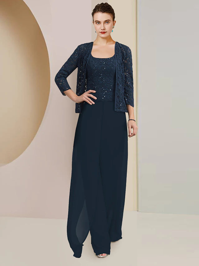 Luolandi Jumpsuit / Pantsuit 3 Piece Mother of the Bride Dress Formal Wedding Guest Plus Size Elegant Scoop Neck Floor Length Chiffon Lace Sleeveless Wrap Included