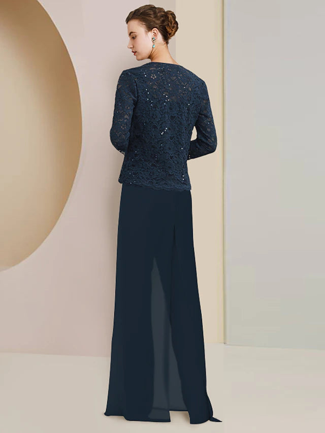 Luolandi Jumpsuit / Pantsuit 3 Piece Mother of the Bride Dress Formal Wedding Guest Plus Size Elegant Scoop Neck Floor Length Chiffon Lace Sleeveless Wrap Included