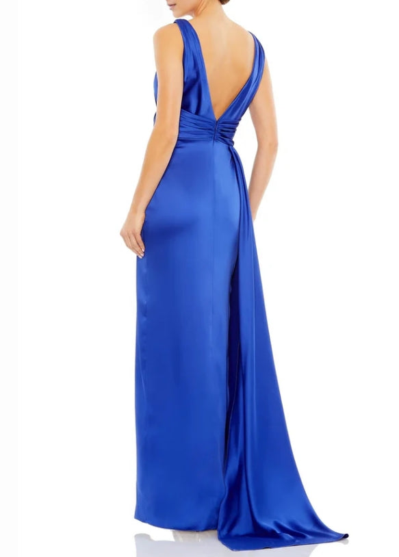 Luolandi Royal Blue Long Belted Prom Dress Party Dress with Train Solid Color With Slit Evening Dress