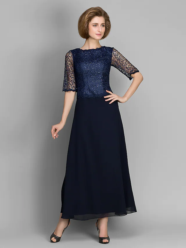 Luolandi Mother of the Bride Dress See Through Jewel Neck Ankle Length Chiffon Half Sleeve with Lace