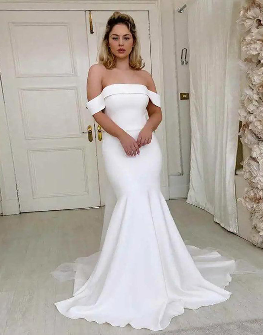 Luolandi Off the Shoulder Court Train Long Bridal Dress Pure Color Wedding Dresses
