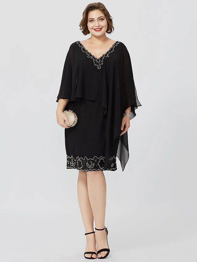 Luolandi Sheath / Column Mother of the Bride Dress Formal Classic & Timeless Elegant & Luxurious Plus Size V Neck Knee Length Chiffon Sleeveless No with Beading