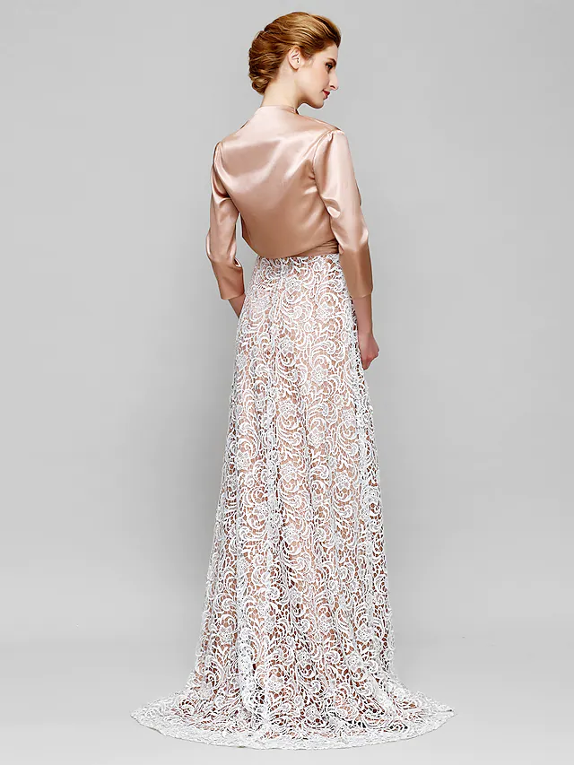 Luolandi Mother of the Bride Dress Convertible Dress Straps Lace Charmeuse Length Sleeve with Lace Ruched Champagne