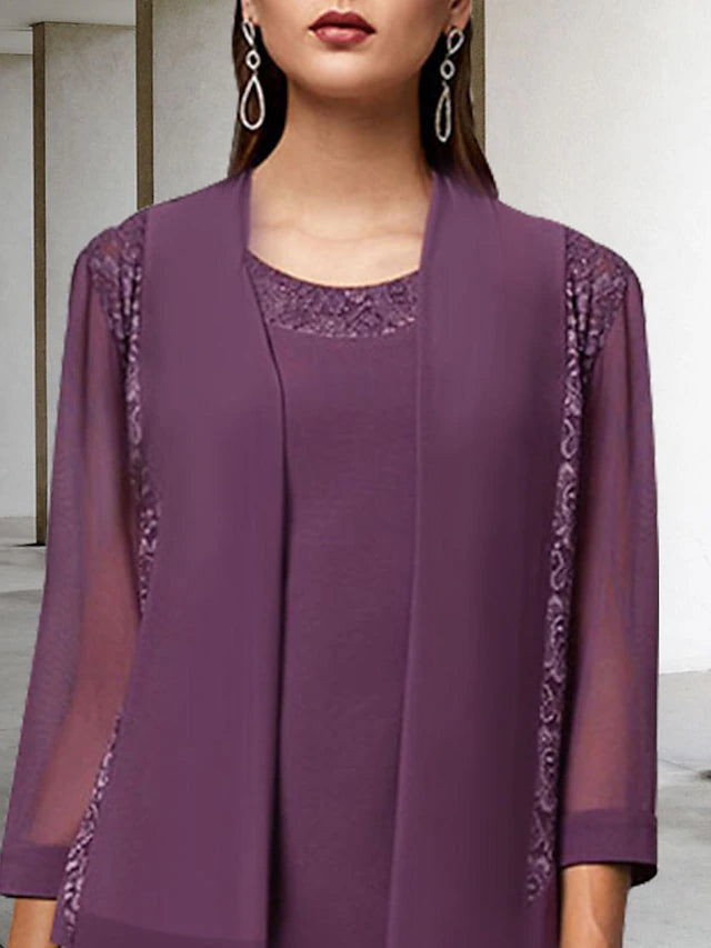 Luolandi Two Piece A-Line Mother of the Bride Dress Elegant Jewel Neck Tea Length Chiffon Lace Sleeveless Wrap Included