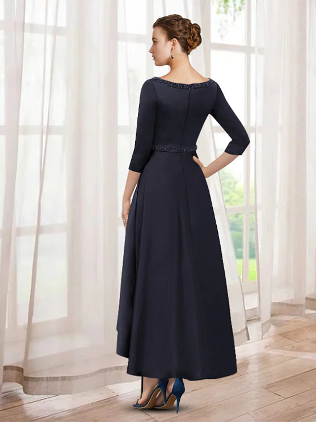 Luolandi A-Line Mother of the Bride Dress Elegant High Low V Neck Asymmetrical Tea Length Satin Half Sleeve with Beading  Pure Color