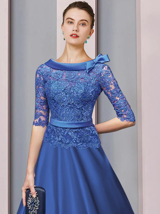 Luolandi A-Line Mother of the Bride Dress Formal Church Party Elegant Jewel Neck Tea Length Satin Lace Half Sleeve with Sash / Ribbon