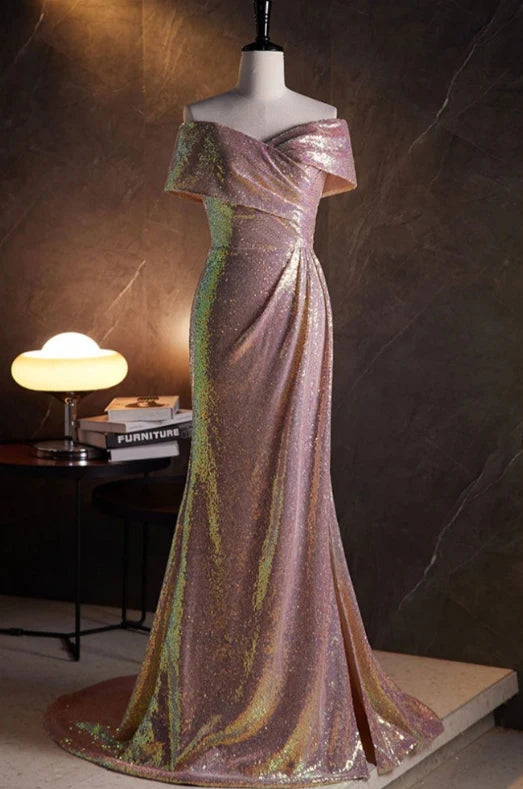 Luolandi Mermaid Sparkly Sequined Formal Party Dress Sweep/Brush Train Dresses Off Shoulder Evening Dress