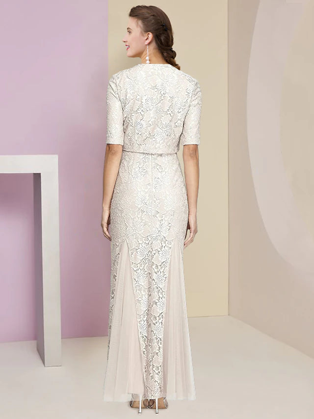 Luolandi A-Line Mother of the Bride Dress Formal Wedding Guest Elegant V Neck Ankle Length Chiffon Lace Sleeveless Wrap Included with Pleats