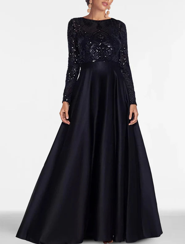 A-Line Evening Gown Elegant Black Dress Plus Size Formal Sequin Satin