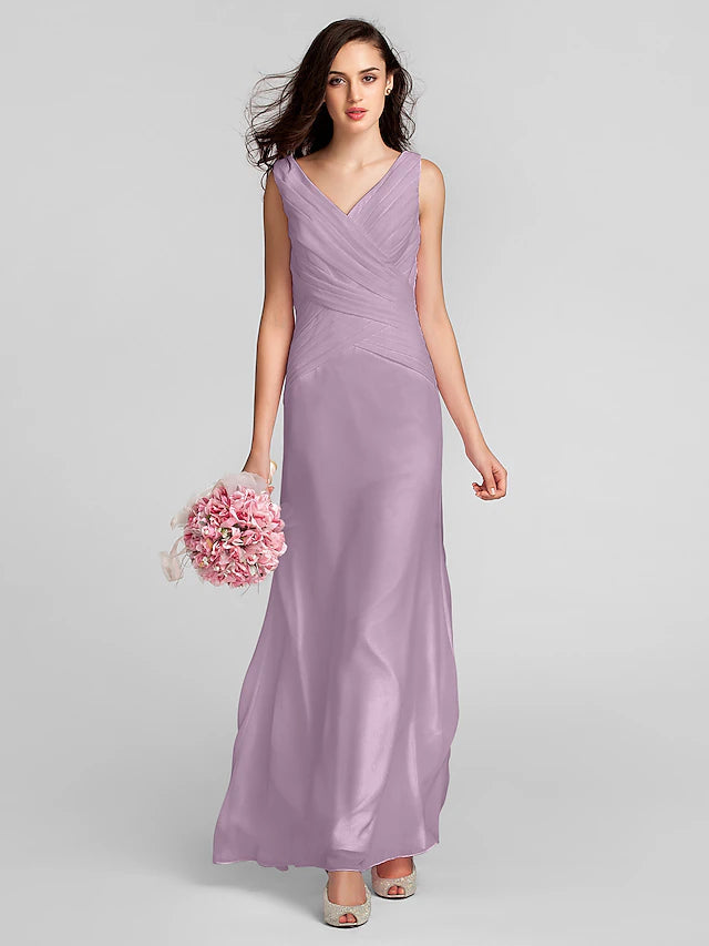 Luolandi Sheath / Column Bridesmaid Dress V Neck Sleeveless Floor Length Chiffon with Criss Pure Color Pure Color Cross