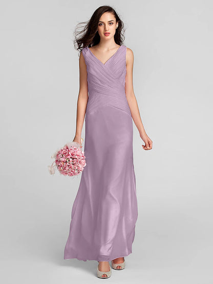 Sheath / Column Bridesmaid Dress V Neck Sleeveless Floor Length Chiffon with Criss Pure Color Pure Color Cross